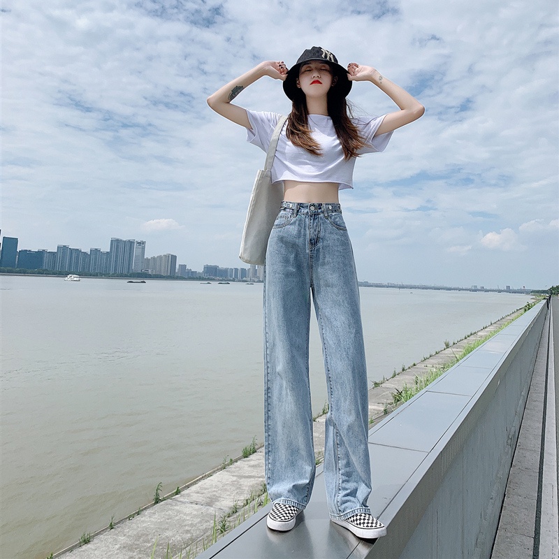 XIAOZHAINV Korean Style Jeans Wanita Retro Loose Highwaist Straight Jeans