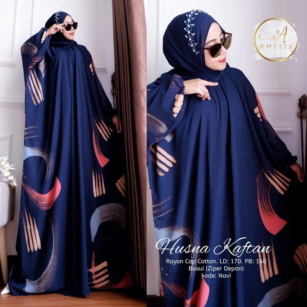 Husna Kaftan Wanita Size Super Jumbo XXXXL Rayon Tebal Motif Cap Kuas Lukis Busui Resleting Lengan Panjang Gamis Rayon Kaftan Jumbo