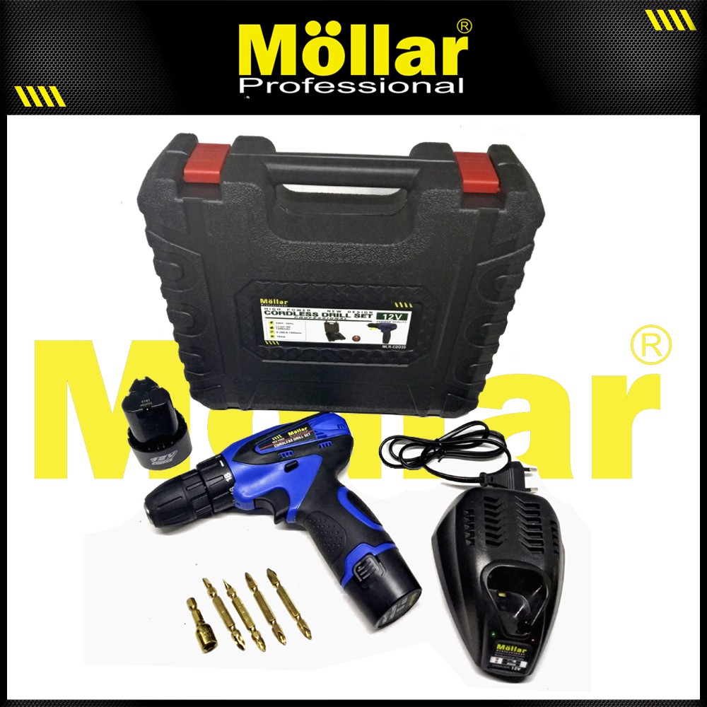 MOLLAR CDD35 Mesin Bor Cas Charger 12V Cordless Drill Set 2 Baterai Original