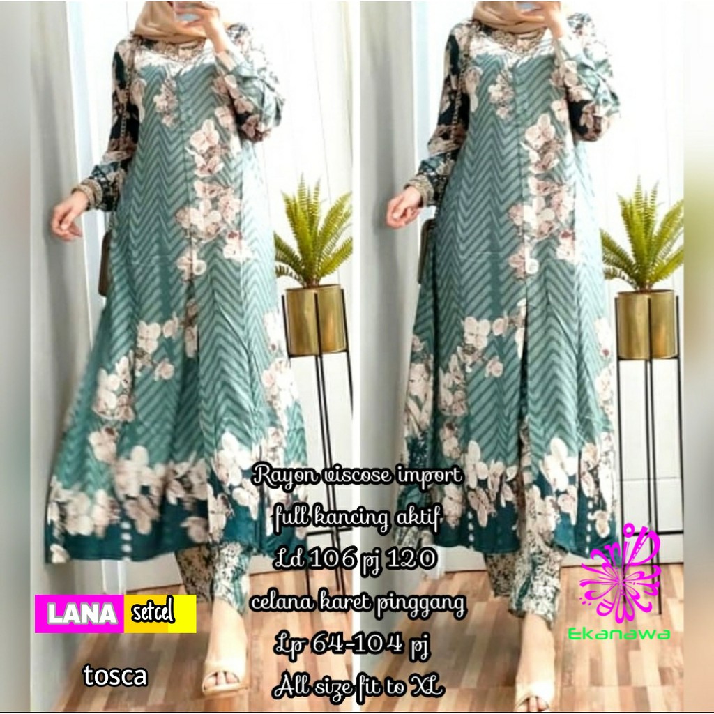 SETELAN KEKINIAN ONE SET LONG TUNIK SYARI RAYON VISCOSE IMPORT FULL KANCING AKTIF SERI LANA SETCEL