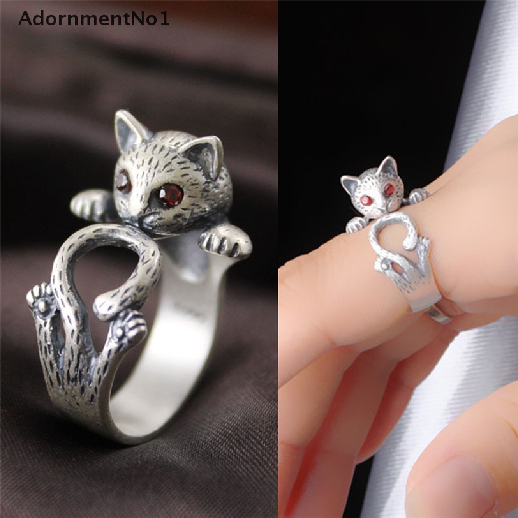 (AdornmentNo1) Cincin Terbuka Adjustable Motif Kucing + Hollow Gaya Boho / Vintage Untuk Wanita