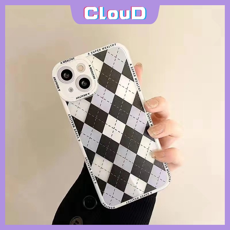 IPHONE Casing Ponsel Motif Grid Berlian Hitam Biru Kompatibel Untuk Iphone11 13 12 14 Pro Max6 6s 7 8 Plus X XR XS MAX SE 2020pelindung Kamera Angel Eyes Lembut Shockproof Penutup Anti Jatuh