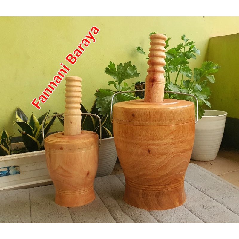 Wood Mortar | Lumpang Kayu Food Grade (Alat Penumbuk/Alu + Tutup) Ukuran 16 x 22 Cm