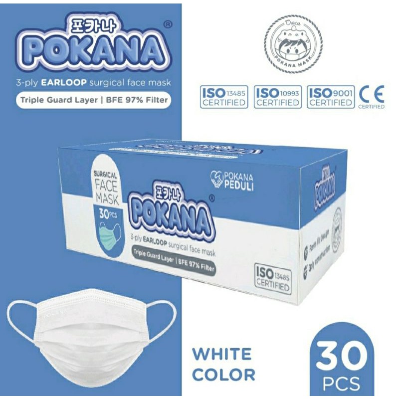 Masker Pokana 3-Ply Earloop Surgical Face Mask Box isi 30 Pcs (White)