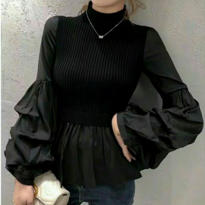 1199  Baju atasan blouse lengan balon turtle neck rajut cewek baju blouse rajut wanita import hitam