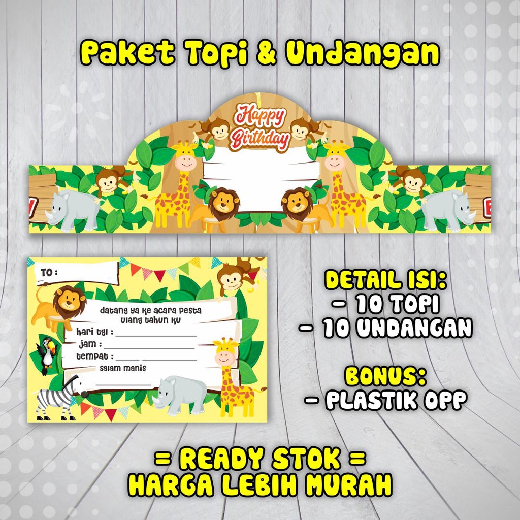 Topi Undangan Ulang Tahun Anak Isi 10 Topi dan Isi 10 Undangan Ultah Karakter Unik