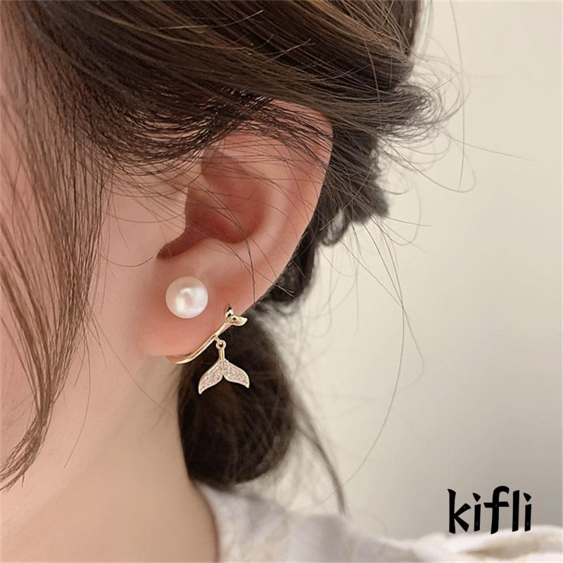 Anting Tusuk Gantung Desain Geometri Ekor Ikan Hias Mutiara + Berlian Gaya Mewah Untuk Wanita