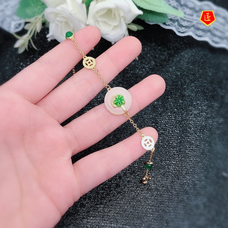 [Ready Stock]Lotus Inlaid Hetian Jade Earrings Pendant Ring Bracelet Set