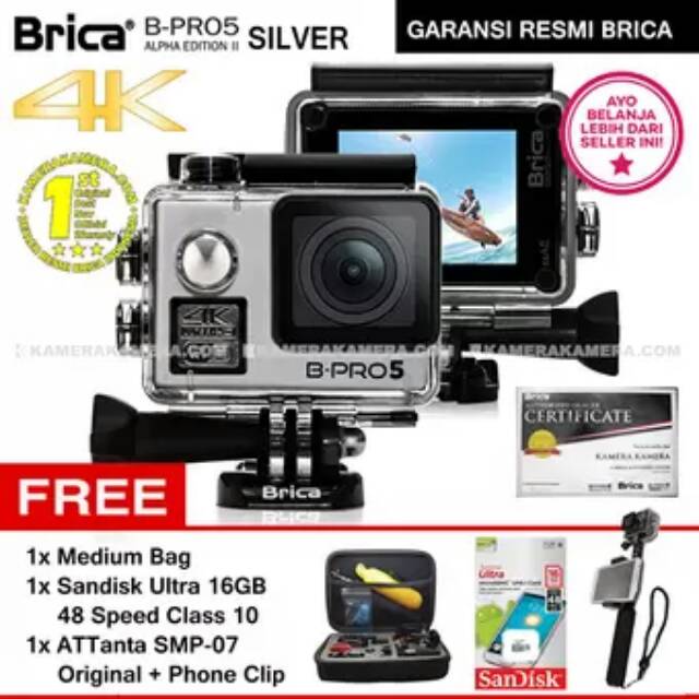 BRICA B-PRO 5 Alpha Edition 2 (AE2)4K SILVER+Sandisk 16GB Speed 48+ATTanta SMP-07 Ori+Phone Clip+Bag