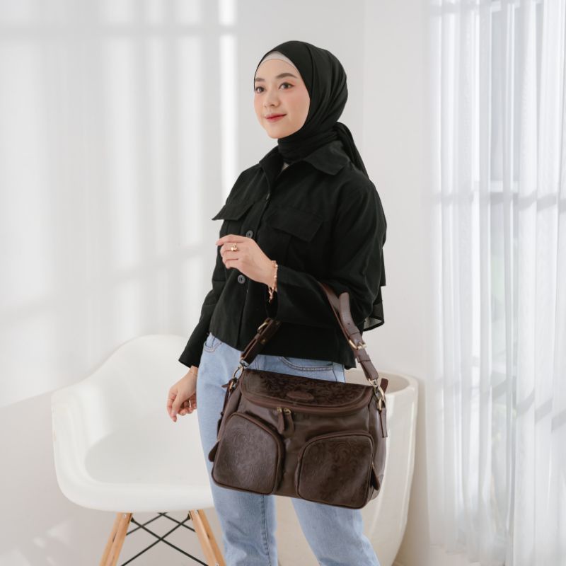 TAS KANTOR WANITA KULIT SAPI ASLI MODEL AMANDA / KULIT SAPI PULL UP MIX KULIT EMBOSS BATIK /FREE GRAVIR NAMA