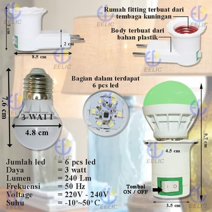 Satu set lengkap - Lampu Tidur LED Warna Putih plus Fitting Tempat Lampu