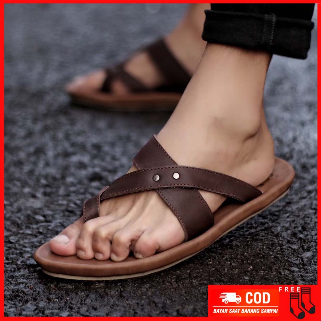 MOLK Sandal Kasual Kulit Asli Original Distro Murah Sendal Pria Kekinian Simple Anti Slip