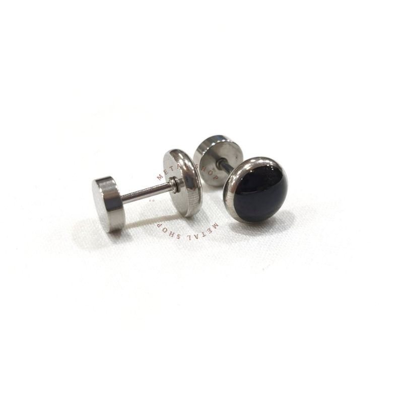 Anting Titanium Pria Wanita Anti Karat Warna Silver Kombinasi Hitam