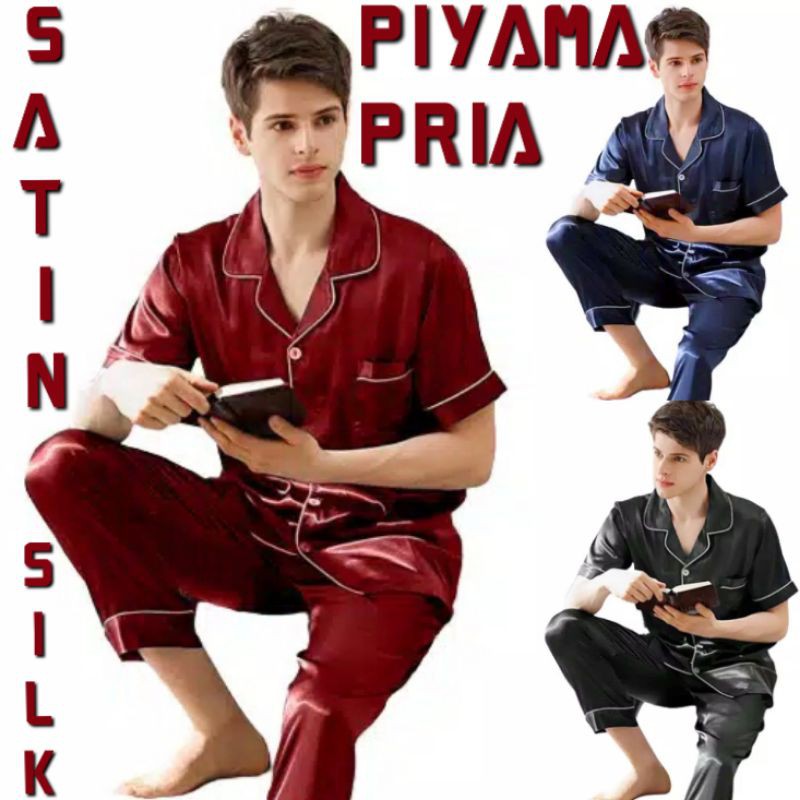 PIYAMA SATIN COWOK JUMBO / BAJU TIDUR PRIA  POLOS BIG SIZE / PAJAMAS LAKI DEWASA SET CELANA PANJANG
