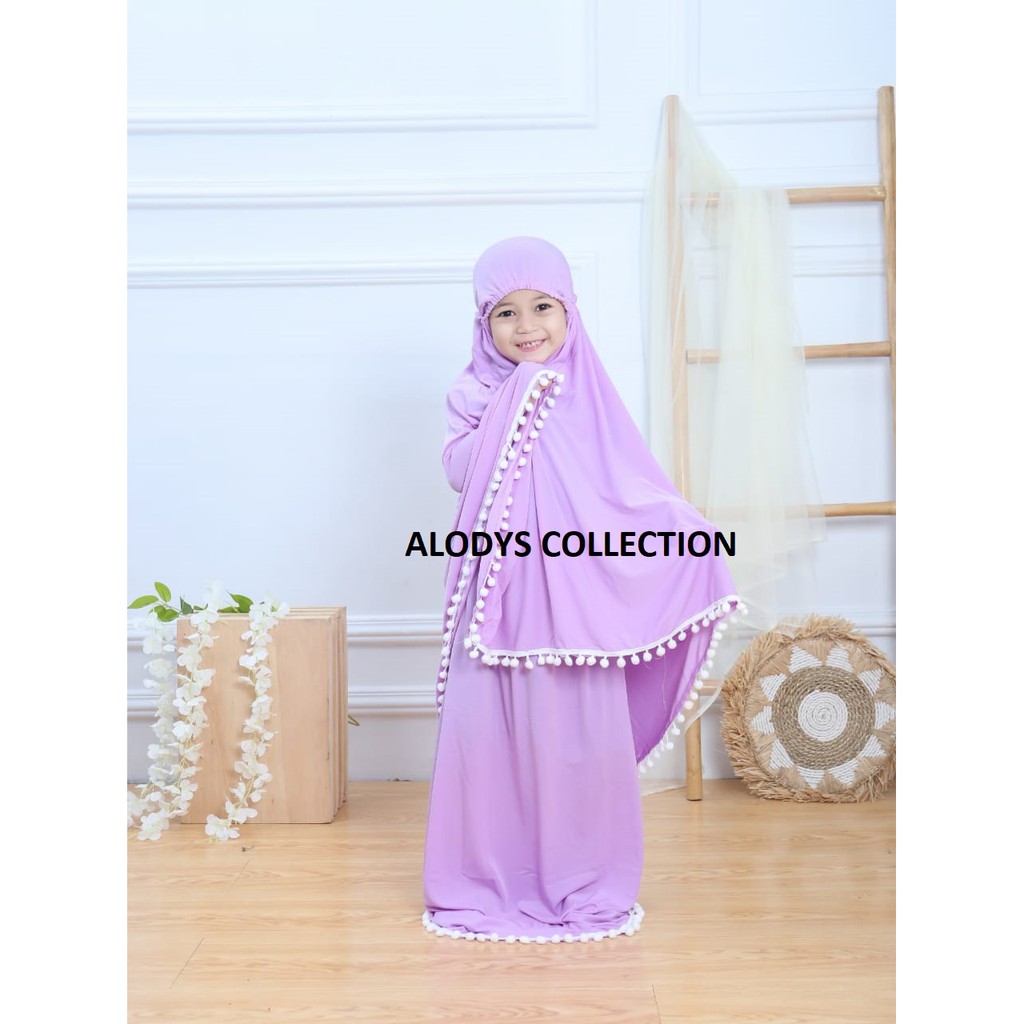 Mukena Anak Variasi Pompom Size M Usia 4-8 Tahun Bahan Jersey Termurah / Alody's Collection