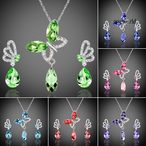 OW@ Women Cocktail Crystal Butterfly Cubic Zirconia Necklace Stud Earrings Jewelry Set