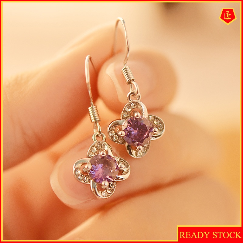 [Ready Stock]Elegant Personality Clover Purple Diamond Earrings for Women