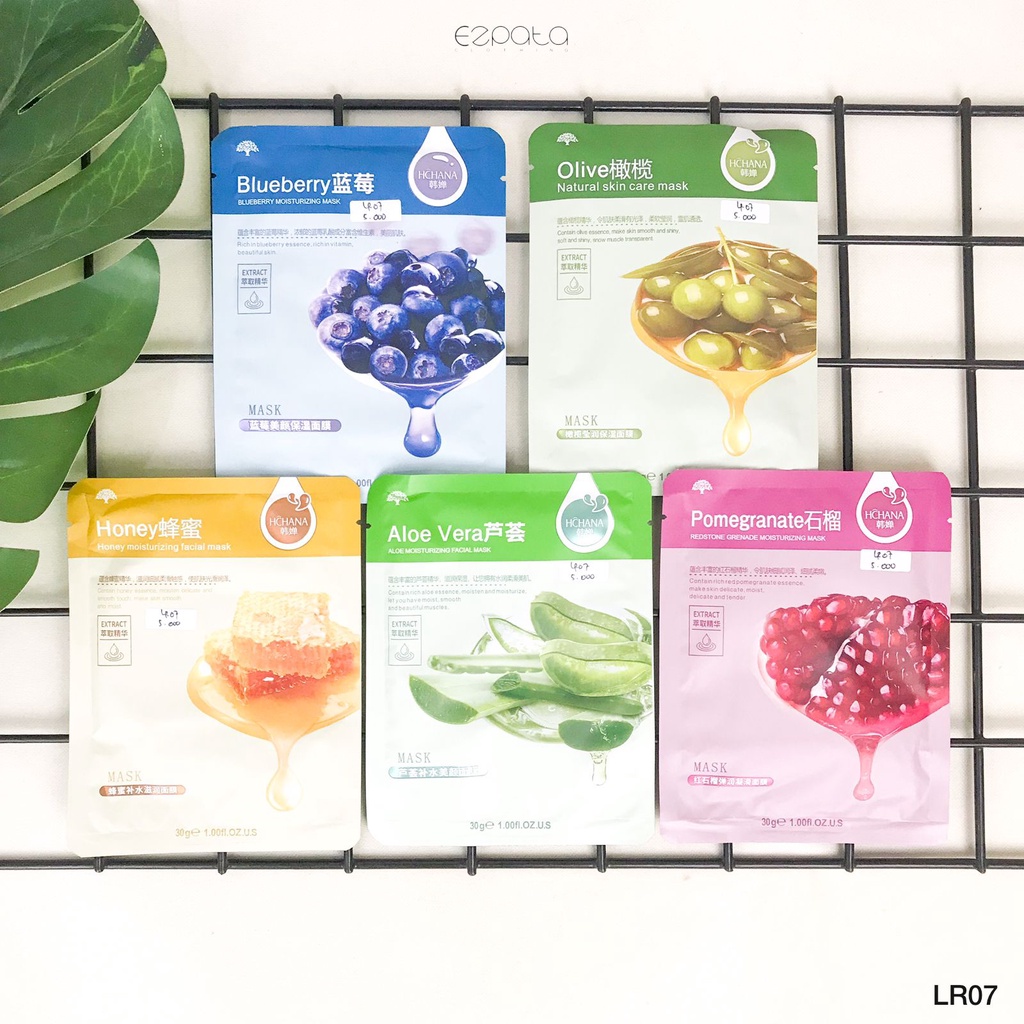 Rorec Sheet mask Masker Wajay Blueberry Aloe Vera Honey Cucumber Olive Pomegranate Collagen Mouisturizing Termurah