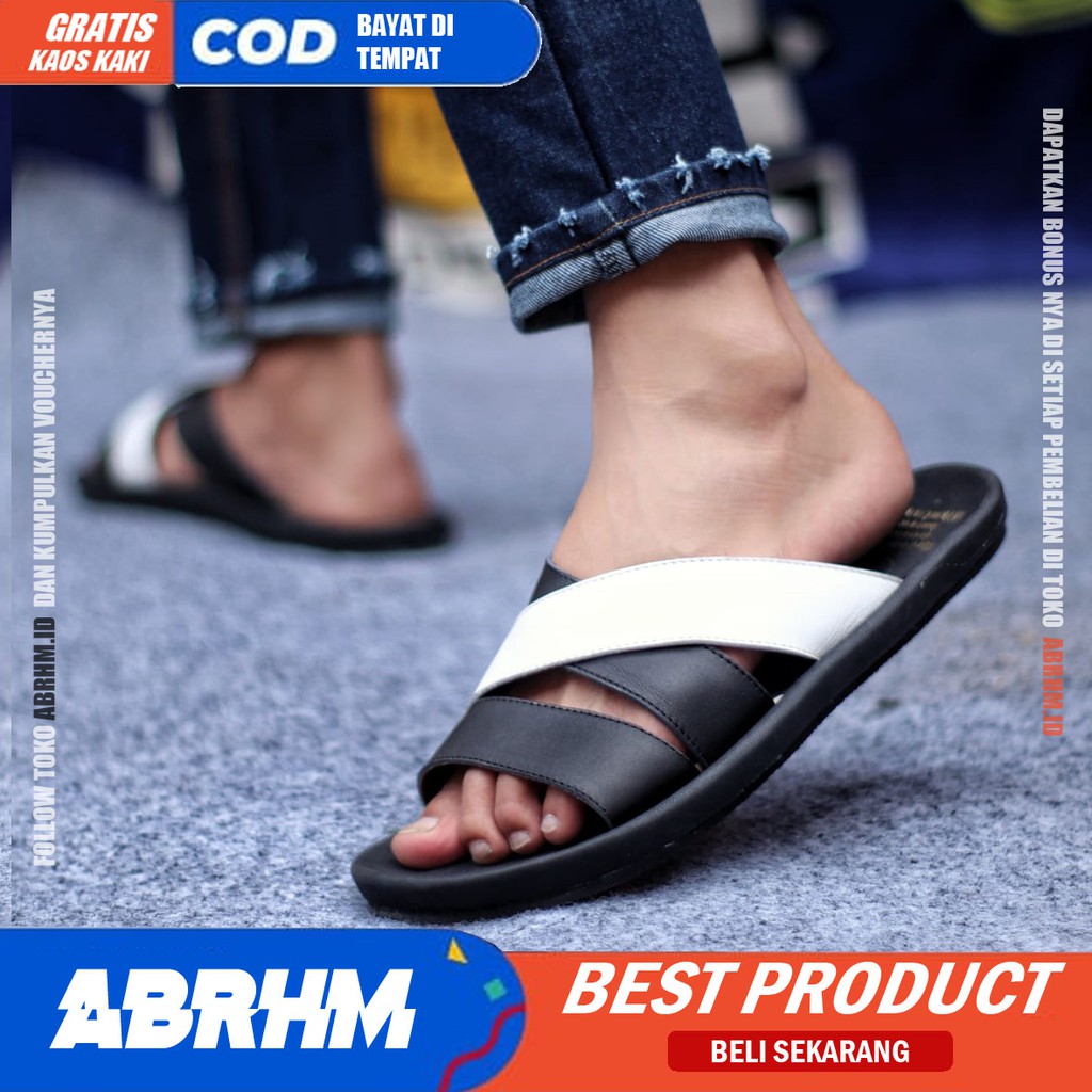 ABRHM X POLET Sandal Slide Pria Sandal Slop Pria Kulit Asli Sendal Selop Cowok / Cowo Ori Kekinian