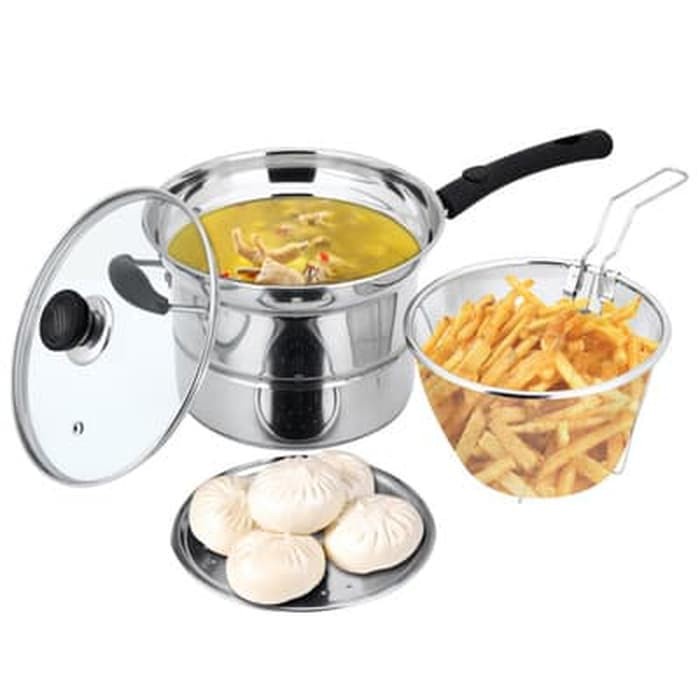 Deep Fryer Pan 22 CM Multifungsi 3 IN 1 - Panci Kukus Goreng Rebus Serbaguna - Panci Korea Q2 218