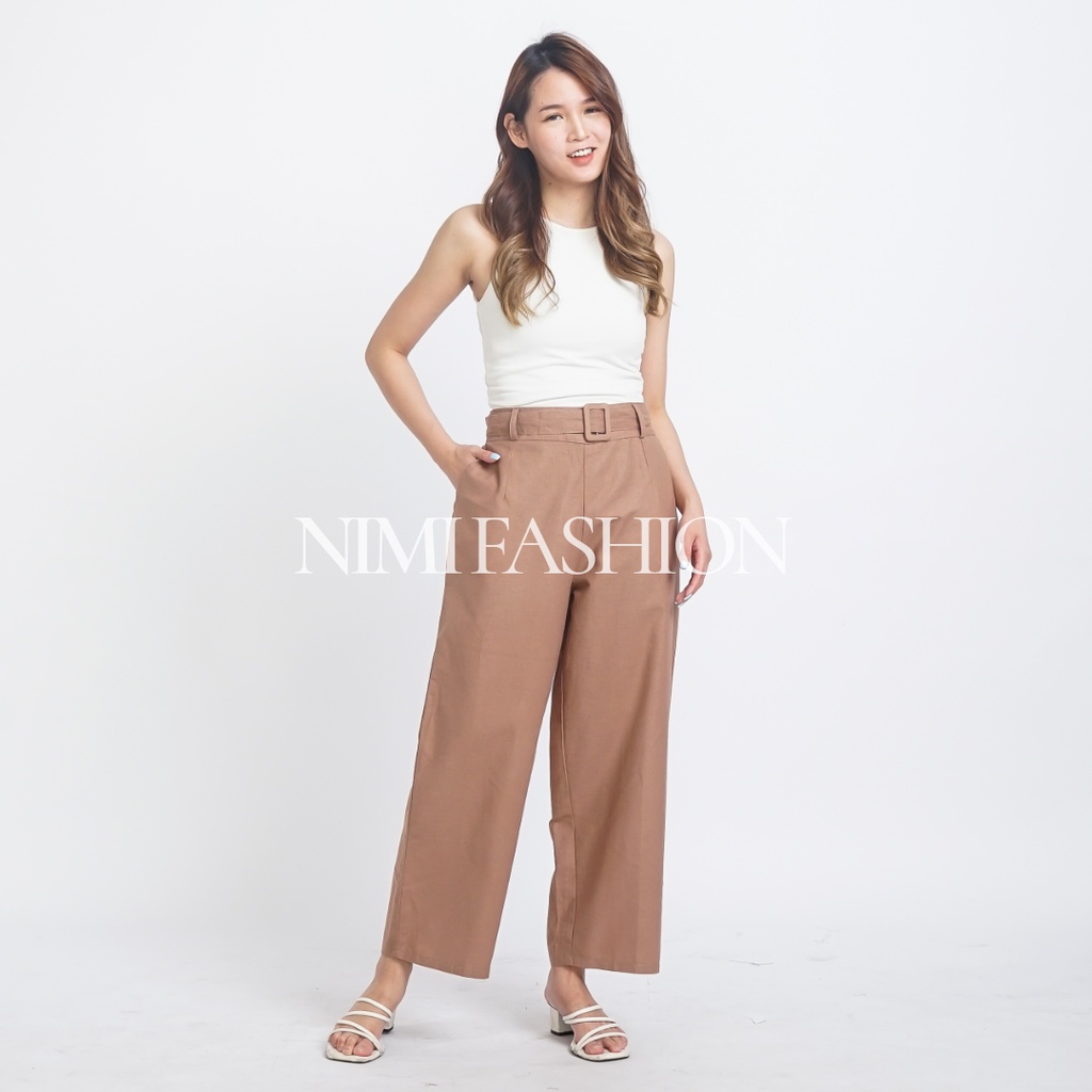 Celana Kulot Linen Highwaist Wanita / Wide Leg Free belt Culottes Linen Pants Premium