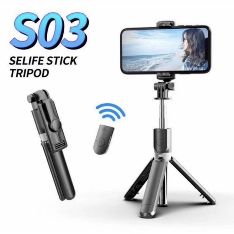 S03 Tongsis + Tripod + Remot Control Bt - Live Stream Selfie Stick