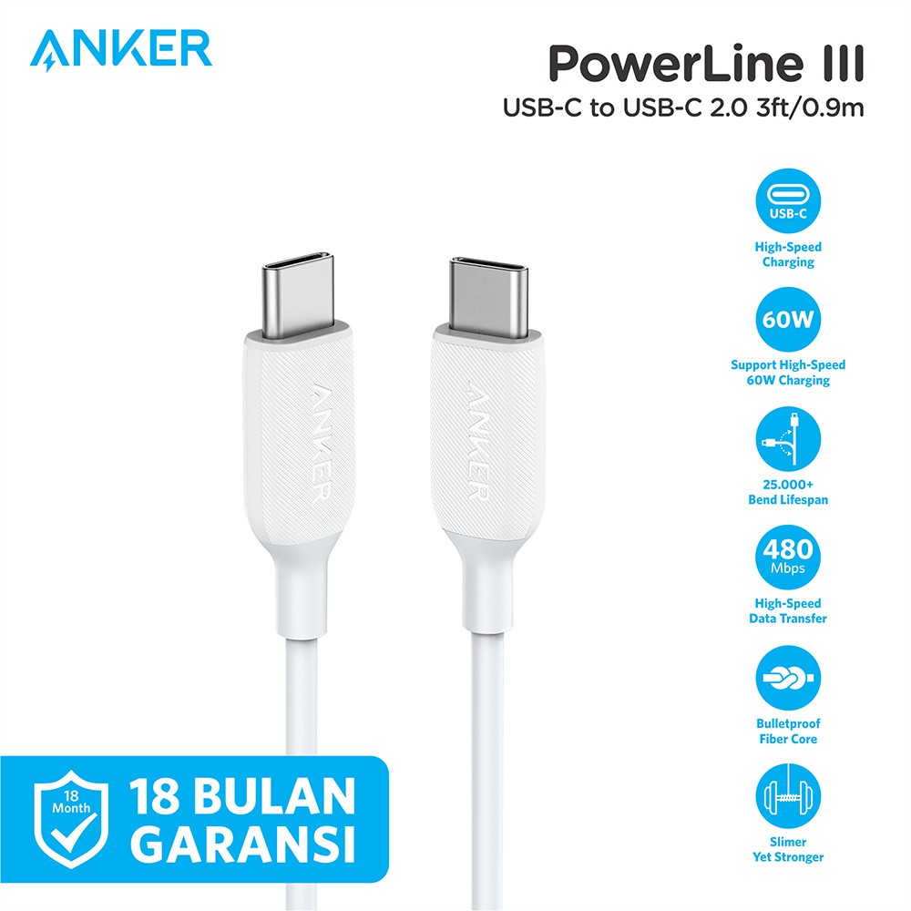 Kabel Charger Anker PowerLine III USB-C to USB-C Cable 3ft - A8852