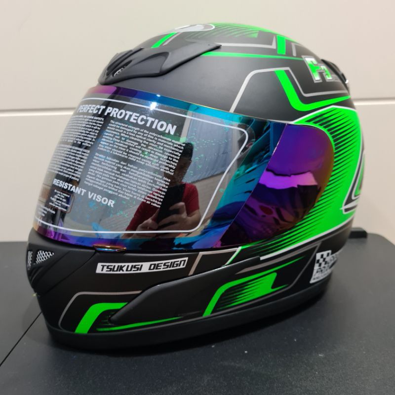 Helm JPN fullface F3 hitam doff stiker hijau