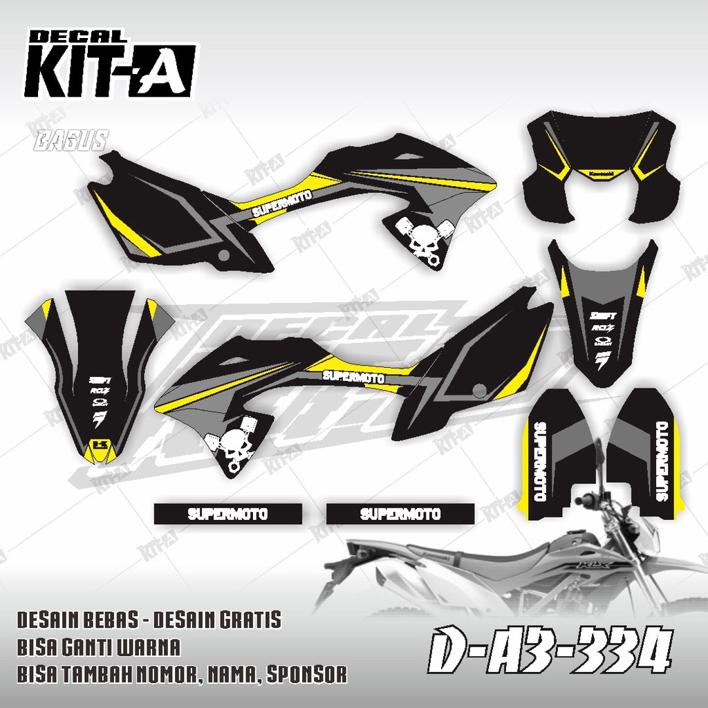 Decal kawasaki KLX 150 BF MOTIF RACING MINIMALIS HITAM KUNING