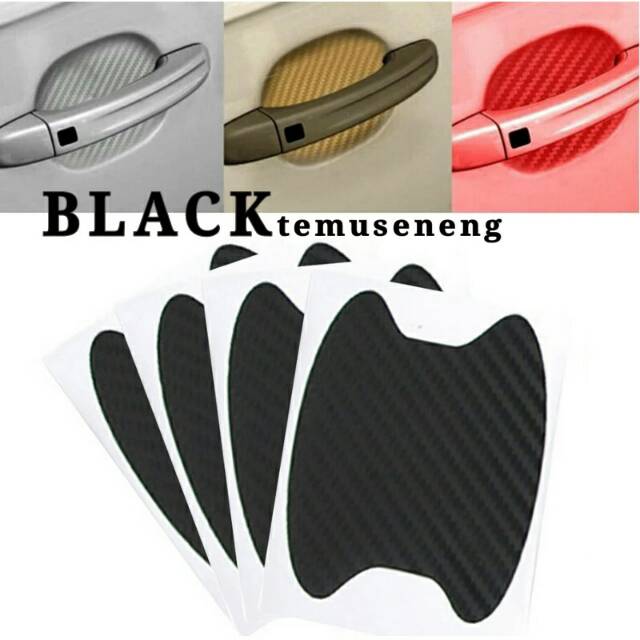 4Pcs 1 Set Hitam Black Sticker Stiker Handle Gagang Pintu Mobil Carbon Door Guard Pengaman Pelindung