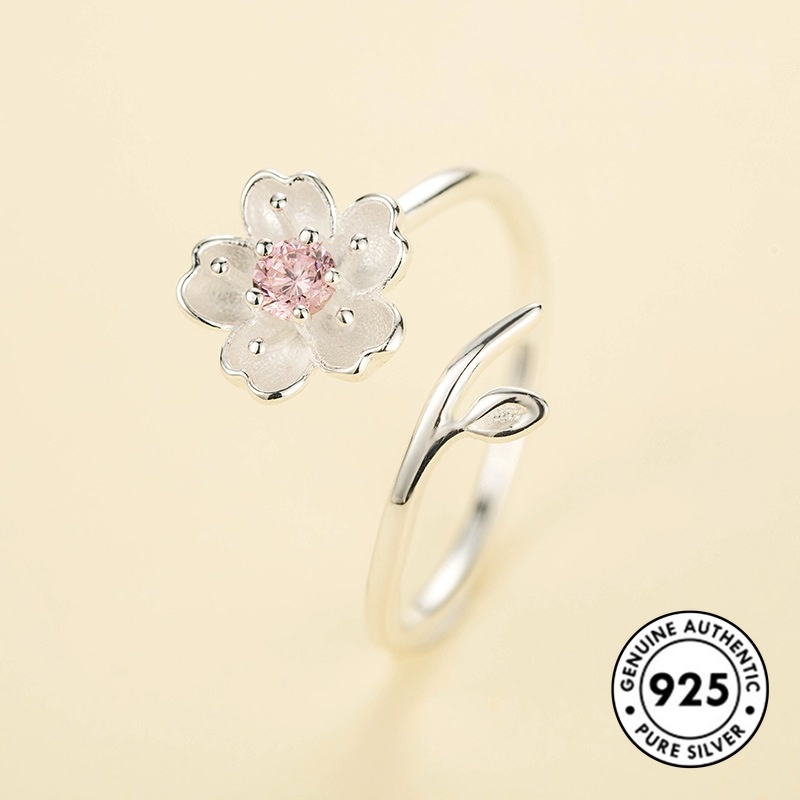 Cincin Desain Bunga Sakura Aksen Berlian Bahan S925 Silver Gaya Minimalis