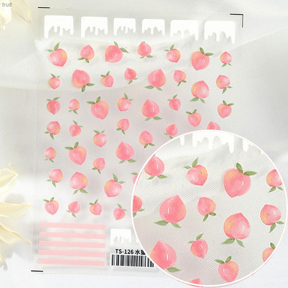 AUGUSTINA Agustin 3D Kuku Stiker Musim Semi Musim Panas Baru Indah Lucu Peach Buah Strawberry 5D Tipis Tangguh Kartun Cherry Manicure Aksesoris Perekat Diri Stiker