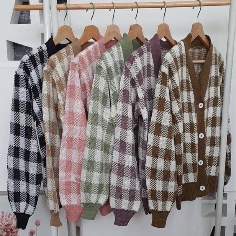 SQUARE CARDY / Cardigan Kotak-Kotak / Atasan Wanita Rajut / Outer Rajut Korea