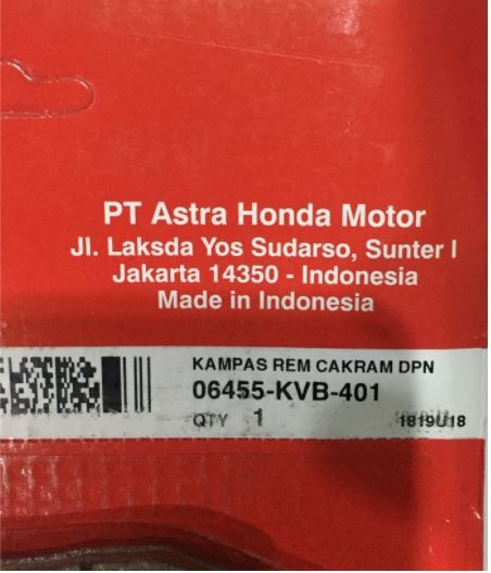 Kampas Rem Cakram Dpn (KVB-401) Vario Lama AHM (Asli Honda)