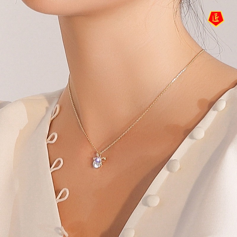 [Ready Stock]18K Gold Zircon Bow Pendant European and American Ins Necklace