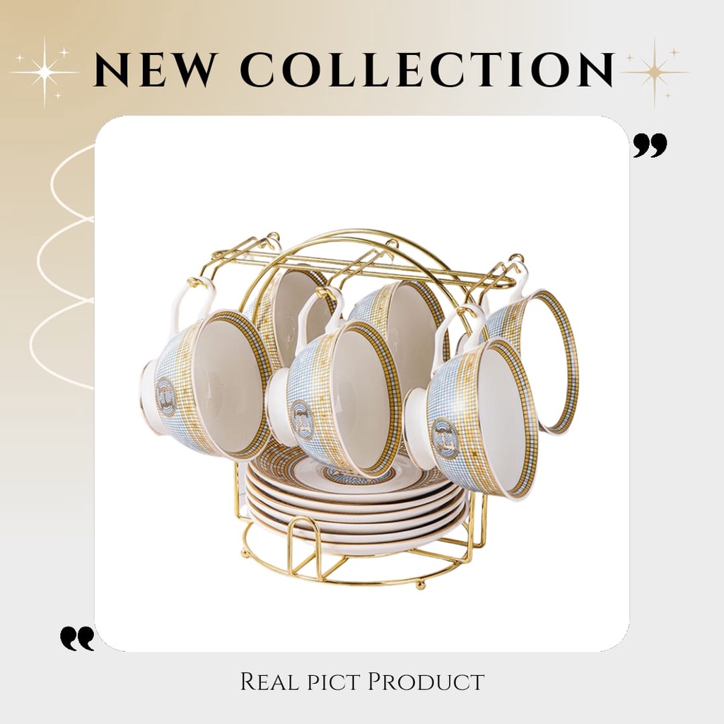 HDB#HSET6 Cangkir Saucer Set 6 PCS dengan Gantungan Cangkir / Gelas Set / Cangkir Teh Kopi