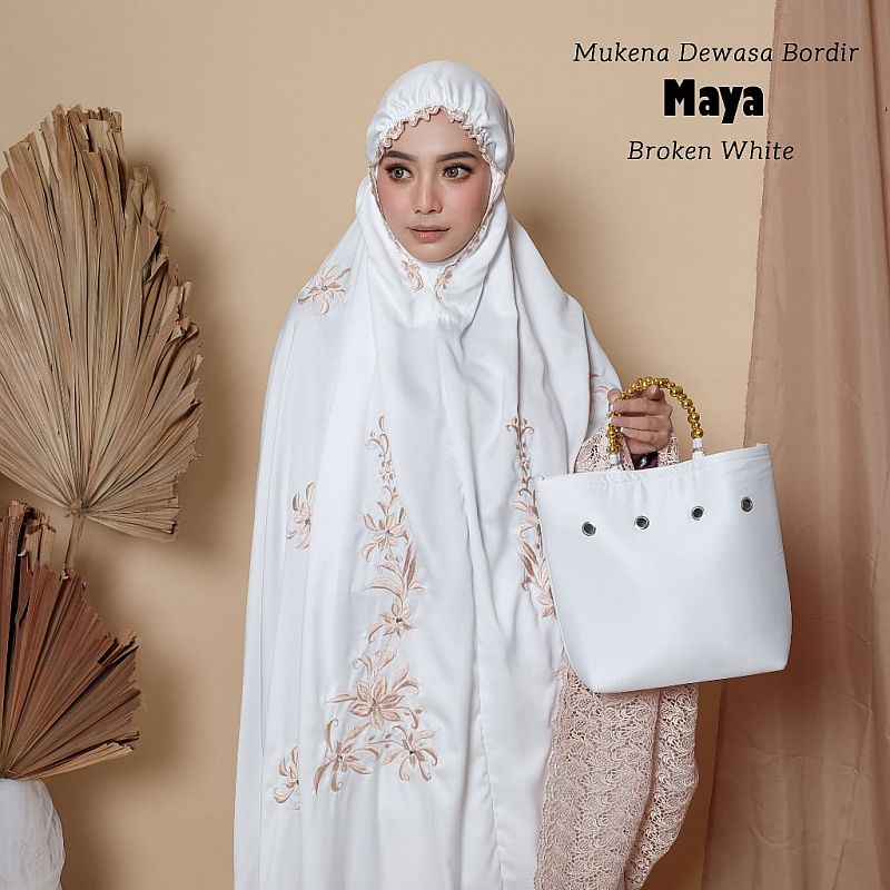 Mukena Bordir Satin Silk Dewasa Mukena Travel Traveling dengan Pouch Elegan Cantik Maya Putih Broken