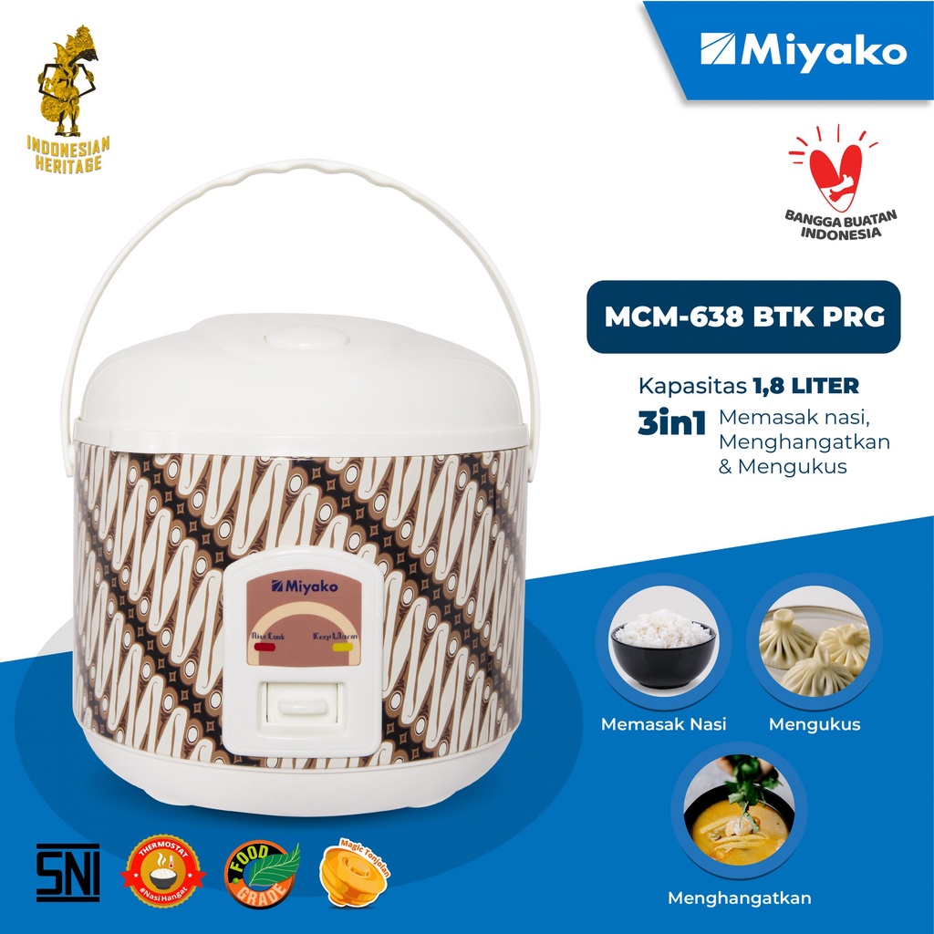 Miyako MCM638BTK Rice Cooker / Magic Com 1.8 Liter 3 in 1 Bonus Gelas Ukur dan Sendok Nasi