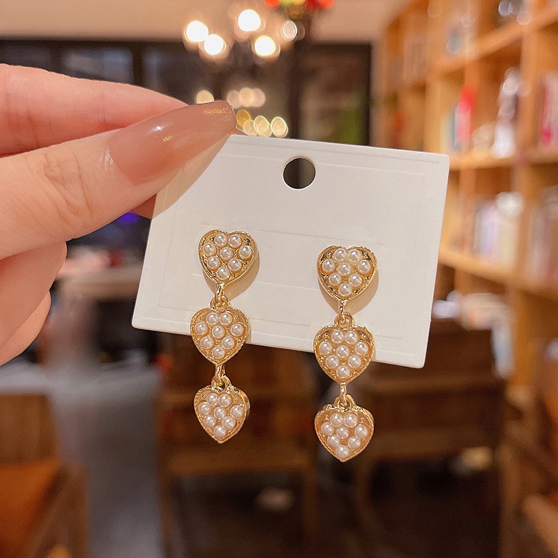 Anting Gantung Panjang Model Hati Dengan Mutiara Bahan silver 925 Untuk Wanita