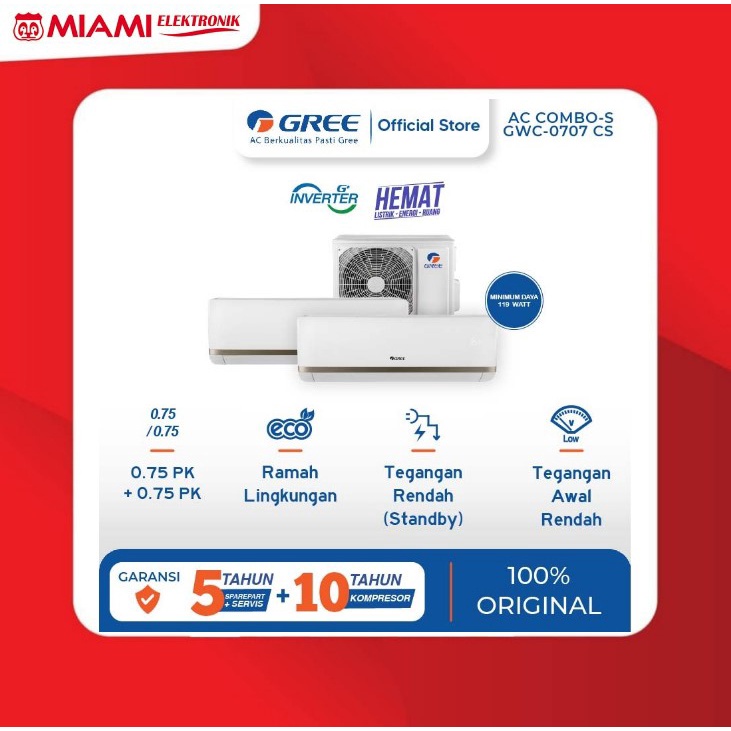 AC GREE GWC-0707CS COMBO SPLIT INVERTER[2 INDOOR 3/4PK+3/4PK&amp;1 OUTDOOR UNIT ONLY]