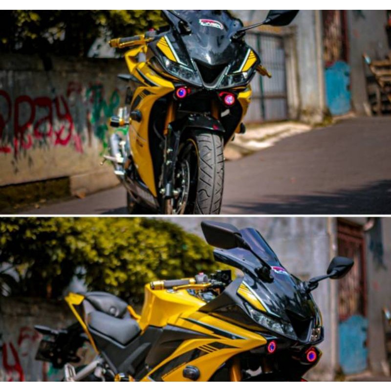 Winglet R15 V3 dan Lampu Projie R15 V3 Biru Hitam Carbon