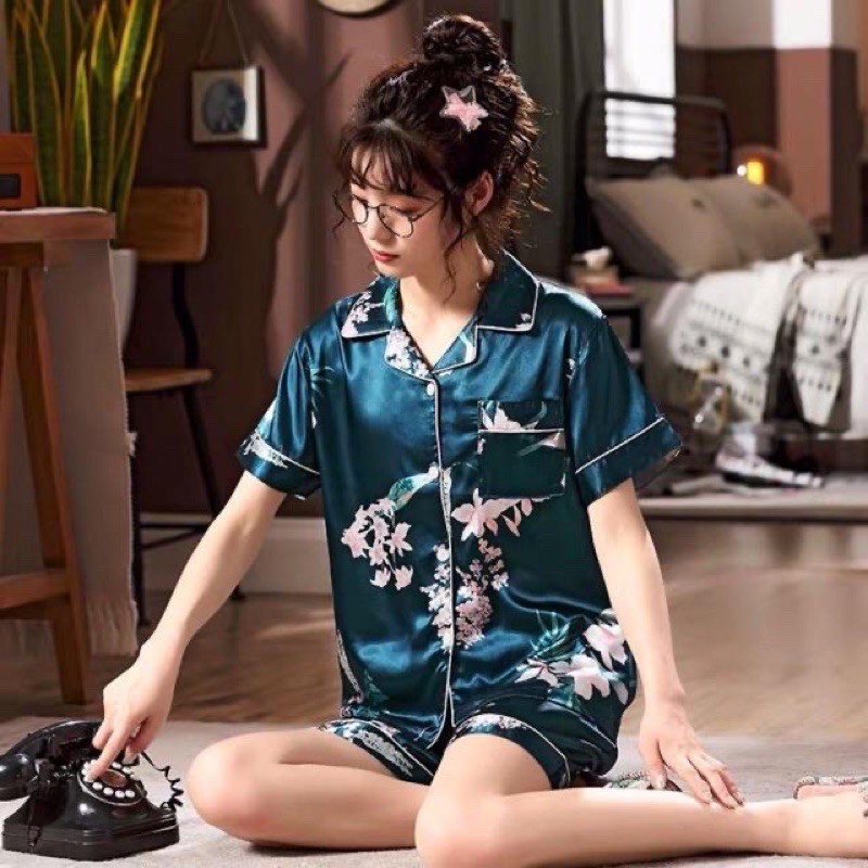Piyama satin import / baju tidur wanita / piyama ice silk sutera-Flowers green