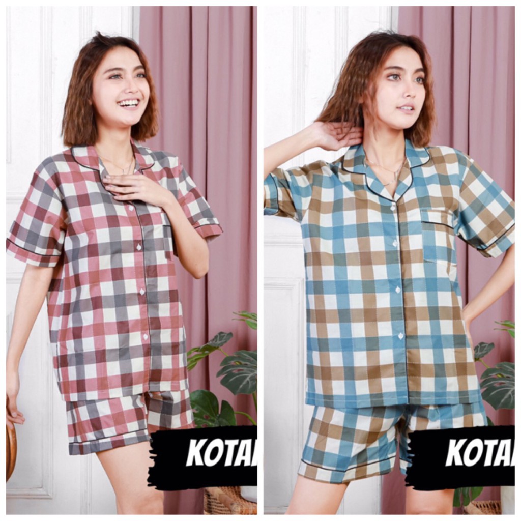 PIYAMA KATUN WANITA - KOTAK / BAJU TIDUR PEREMPUAN / WOMAN PAJAMAS / KOTAK WINE / KOTAK BIRU