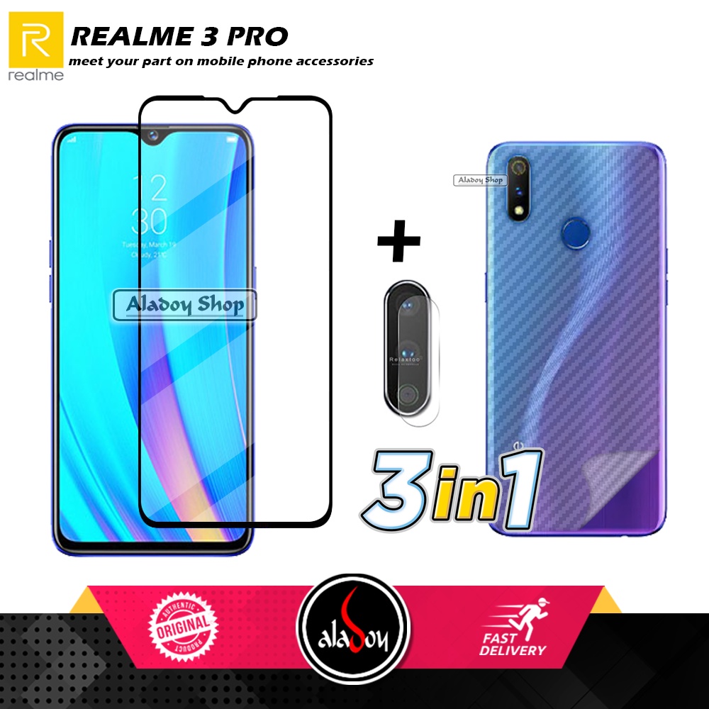 PAKET 3 IN 1 Tempered Glass Layar Realme 3 Pro Free Tempered Glass Camera dan Skin Carbon