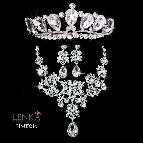 Aksesoris Crystal Pengantin Lenka l Paket Crown Kalung Anting Wedding - HMK016