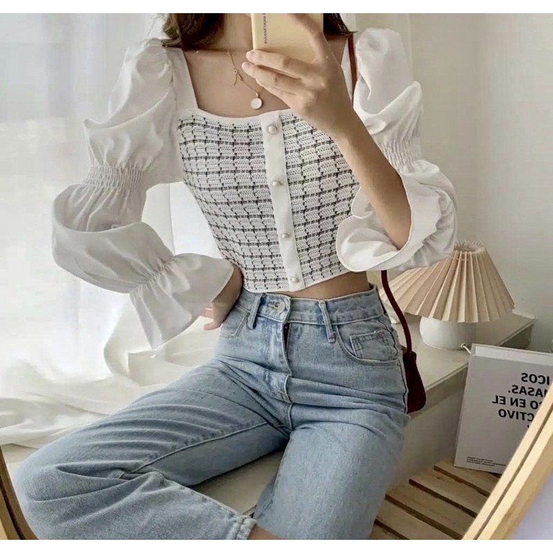 Karen Longsleeve Knit Crop knit blouse crop knit button top tartan top korean blouse wanita
