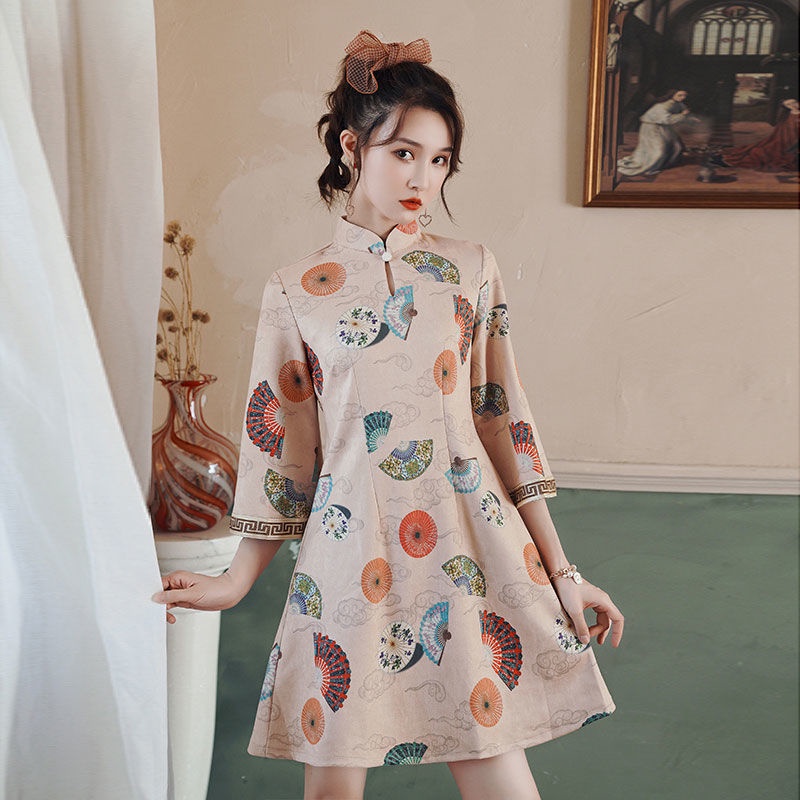 Inverted large sleeved cheongsam modified spring daily dress girl A-line skirt Chinese style short s