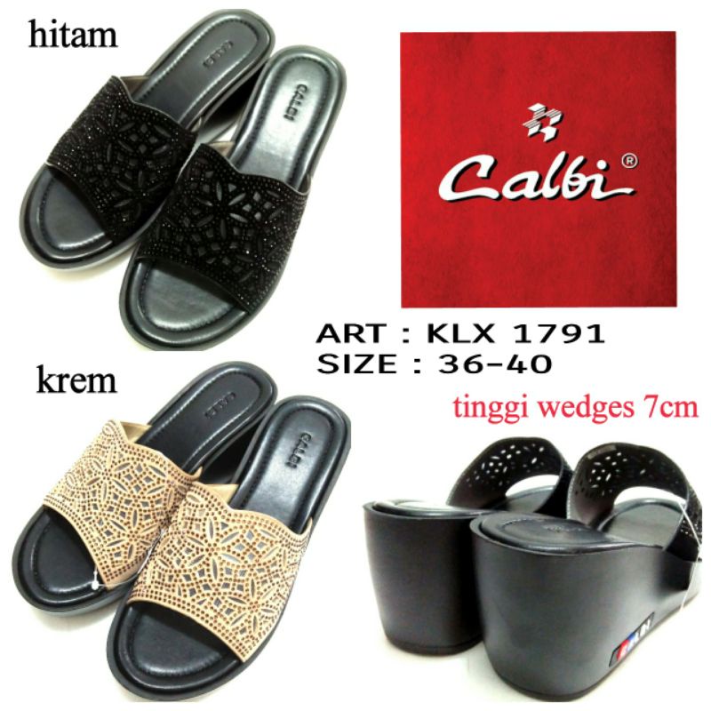 TERBARU SANDAL WEDGES WANITA ORIGINAL BY CALBI KLX 1791 WARNA HITAM DAN KREM SIZE 36-40