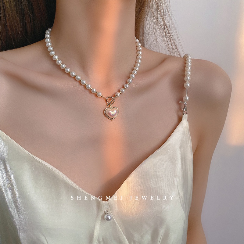 AY(CN) Fashion Love Heart Dangle Pearl Necklace Simple Design Fresh Necklace for Women Jewelry Accessories Gift