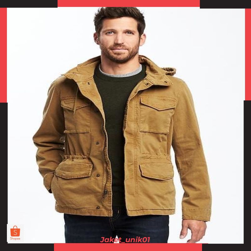 JU Jaket Old Navy Hidden Hood Twill Parka Jacket Brown Original Stretch